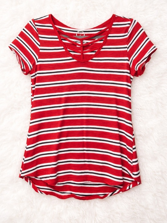 Maurices Tops - Maurices 24/7 Striped Crisscross Neck Top Red White Black Size S